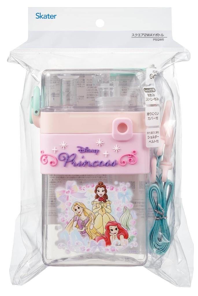 Skater Square 2-Way Water Bottle, 600ml, Straw, Direct Drinking, Cover, Shoulder Strap Included, Disney Princess, Girls, PSQW6-A