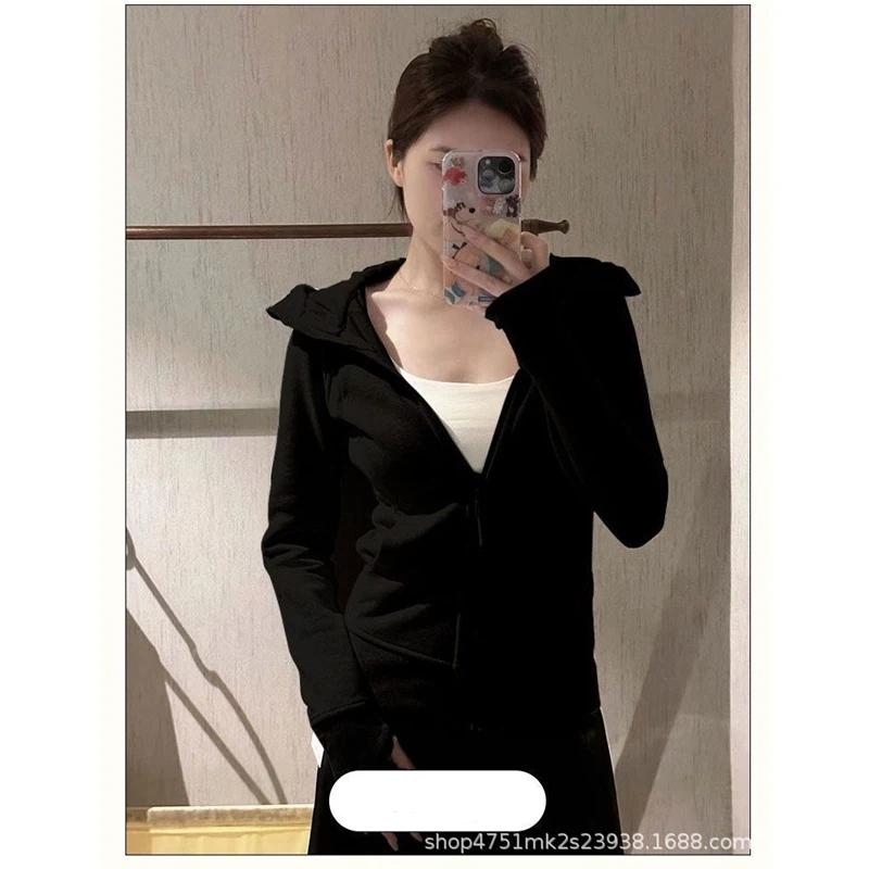 Women's Casual Zip-Up Hoodie Slim Fit Long Sleeve Solid Color Sweatshirt