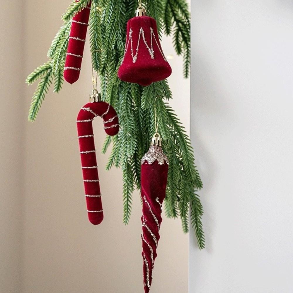 2pcs Flocked Christmas Tree Pendants Red Candy Cane Pendants  Party Decor