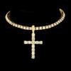 Hip Hop Cross Pendant Layered Necklace, 4mm Rhinestone Tennis Chain Set for Men Women