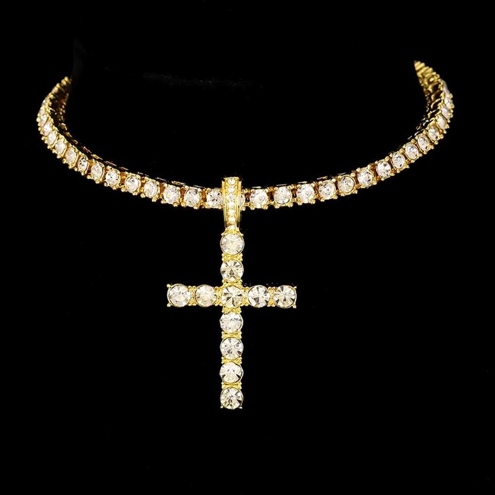 Hip Hop Cross Pendant Layered Necklace, 4mm Rhinestone Tennis Chain Set for Men Women
