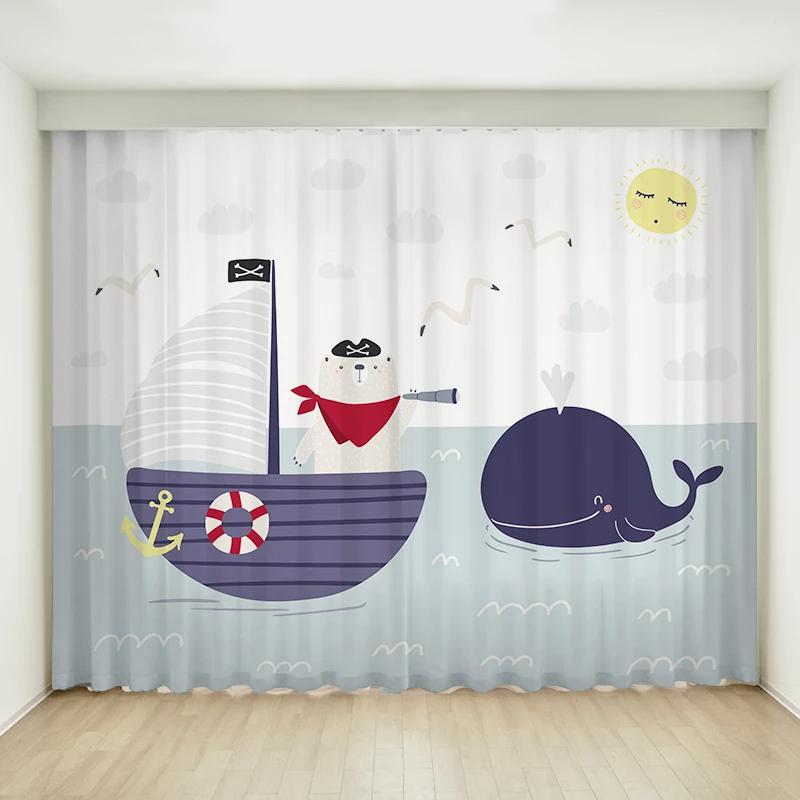 Fashion Modern Simple Cartoon Sailboat Ocean Boy Children's Bedroom Thin Curtain 2 Pieces Grommet Top Hook High Shading New