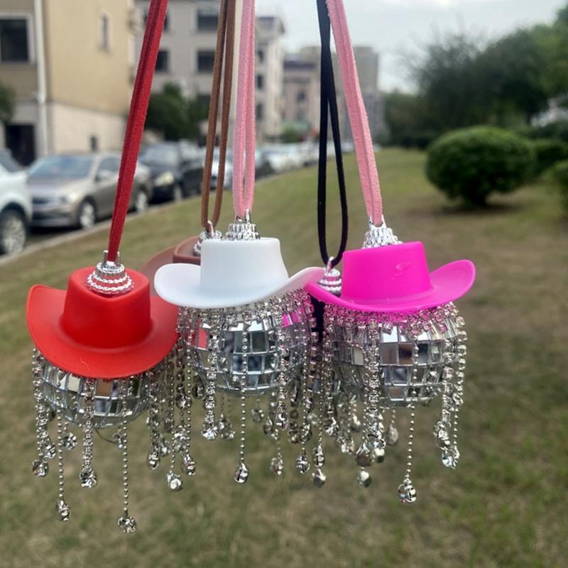 Palla da Discoteca con Nappe di Cristallo Ciondolo per Auto Cappello da Cowboy Ornamento Specchietto Retrovisore per Auto Accessori Auto per Donne Uomini