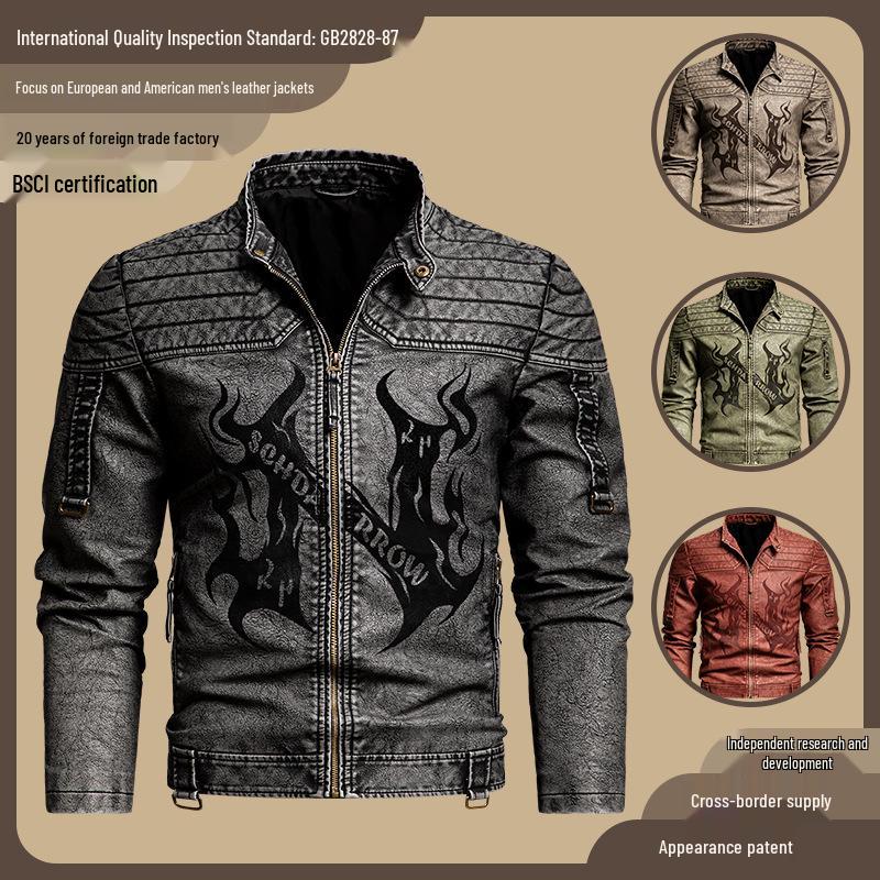 2025 Men's Retro Distressed Motorcycle Leather Jacket - Trendy European American PU Outerwear with Innovative Design