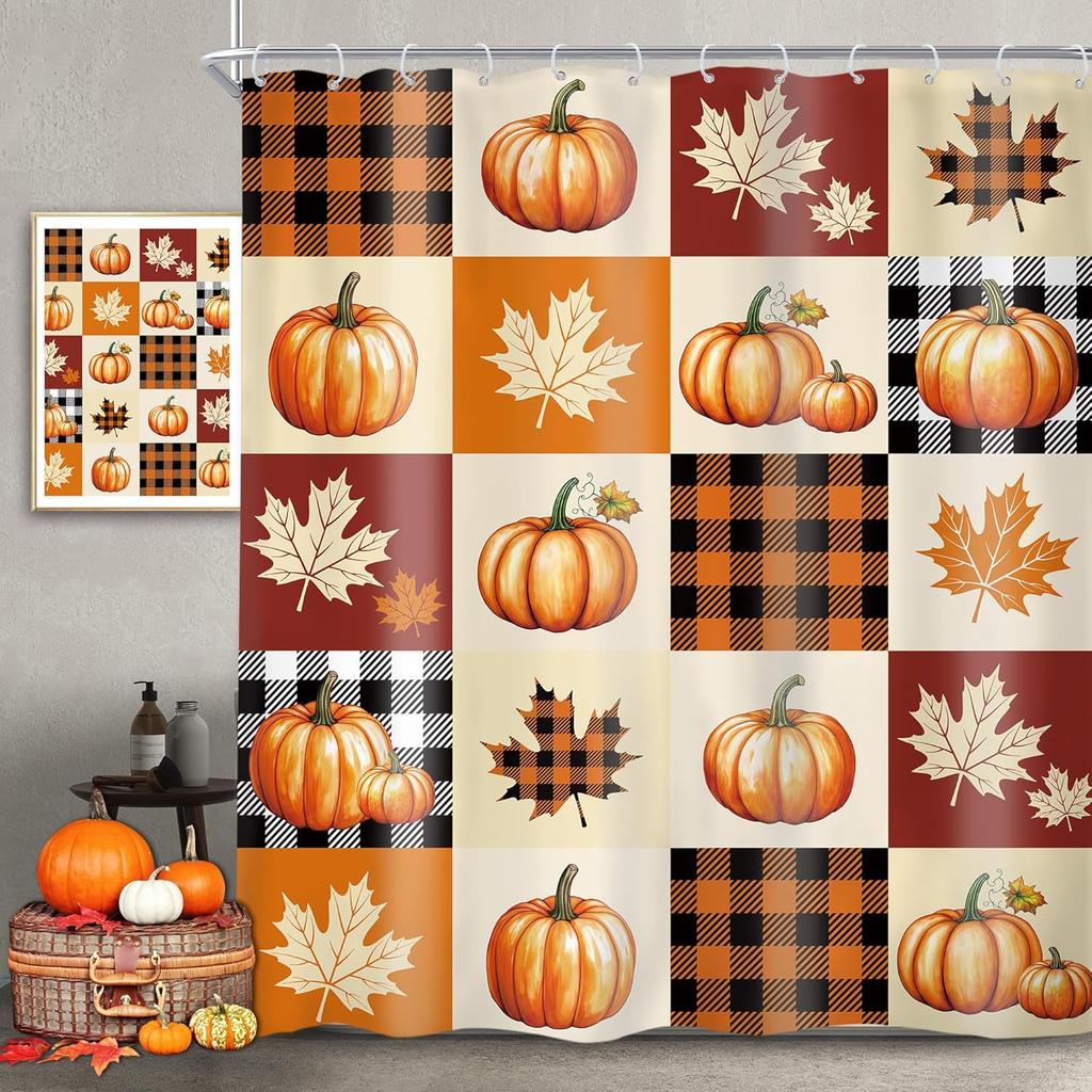Halloween Duschvorhang Kinder Retro Lustig Geist Cartoon Niedlich 70er Y2k Herbst Kürbisse Blume Duschvorhang Badezimmer Set