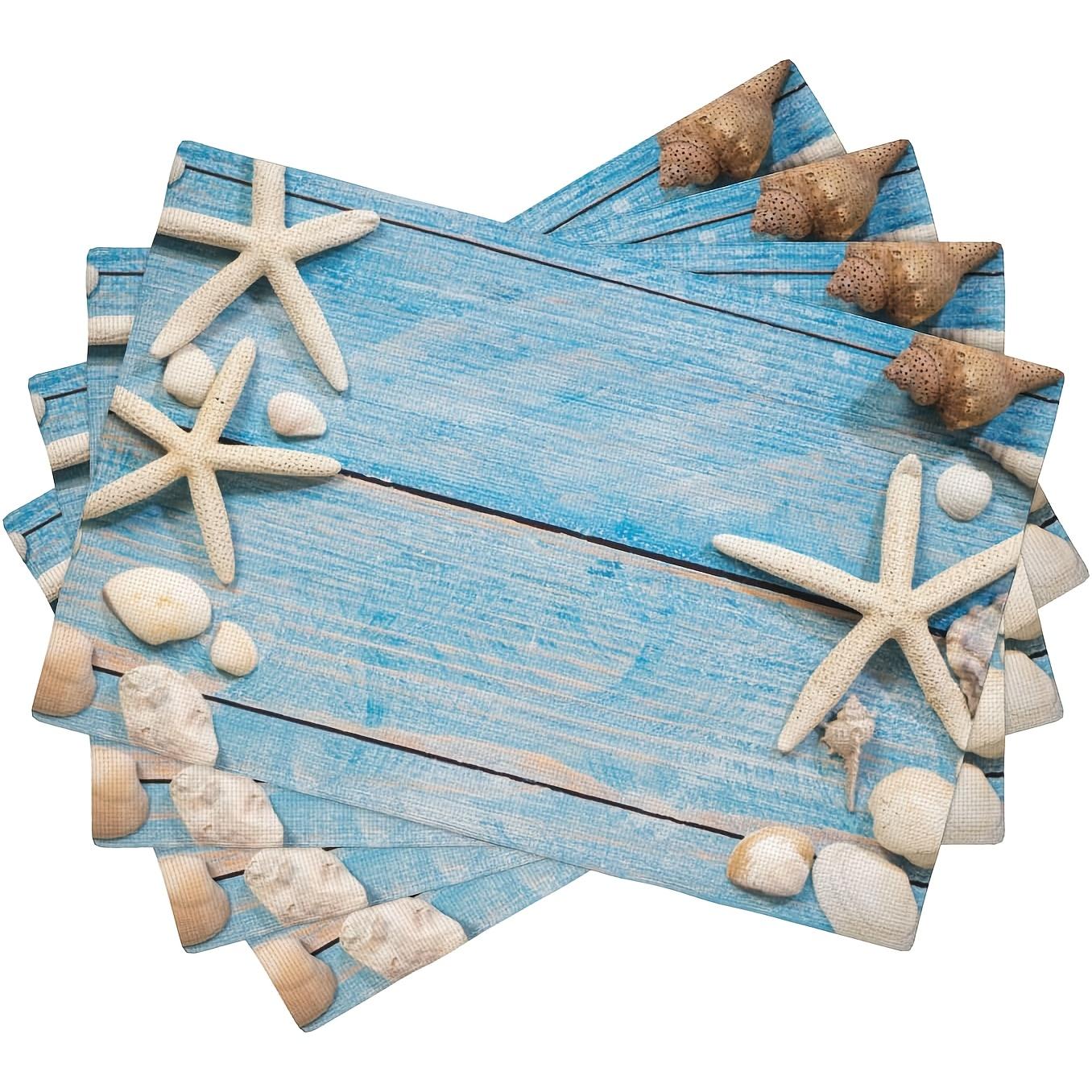 

4/6pcs Summer Beach Placemats Set Suitable for Kitchen Vanity, Beach Theme Seashells and Starfish Blue Country Tablecloth Perfec 30x45cm-4PC