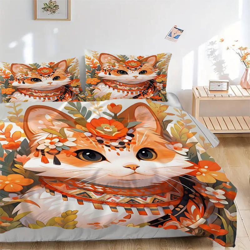 3pcs Orange Cat Creative Design Quilt Cover Set (1 Quilt Cover + 2 Pillowcases Without Pillow Core), High-Definition Printing for Home and Dormit