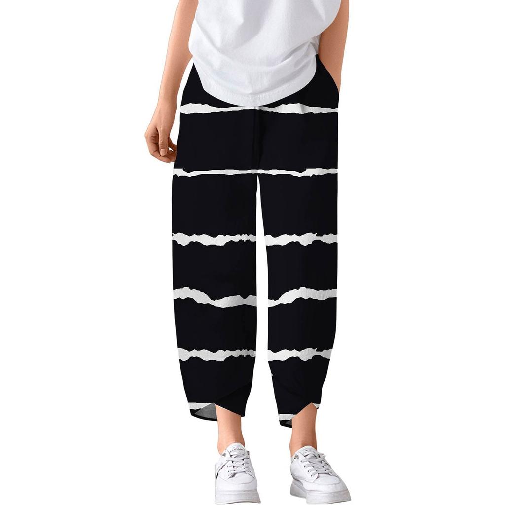 Bukser for kvinner sommer casual vide ben elastisk midje bukser med lommer