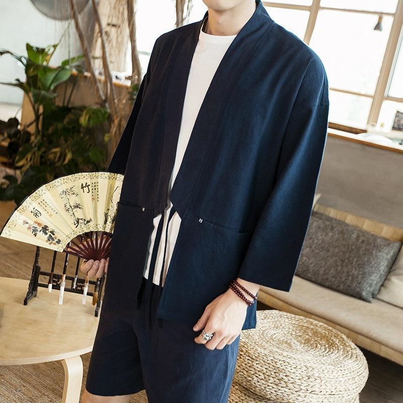 Men Chinese Style Retro Japanese Loose Open Front Cardigan Jacket Summer Outerwear