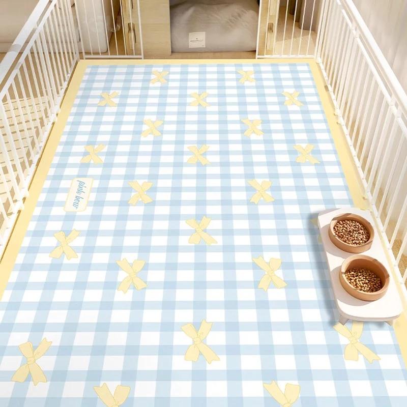 Pet Waterproof Carpet Cat Dog Eating Mat Blue Plaid Pvc Leather Non-slip Floor Mats Cute Sweet Home Decoration Rug for Kitchen