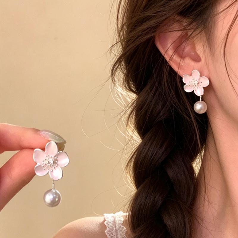 Elegant Pink Cherry Blossom Pearl Tassel Earrings for Women – Unique and Beautiful Fairy Floral Stud Jewelry
