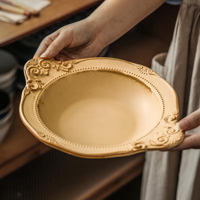 Retro Court Style Ceramic Binaural Bowl Household Exquisite Relief Coarse Pottery Large Bowl Tableware Bowl Vegetable Bowl Pasta Bowl