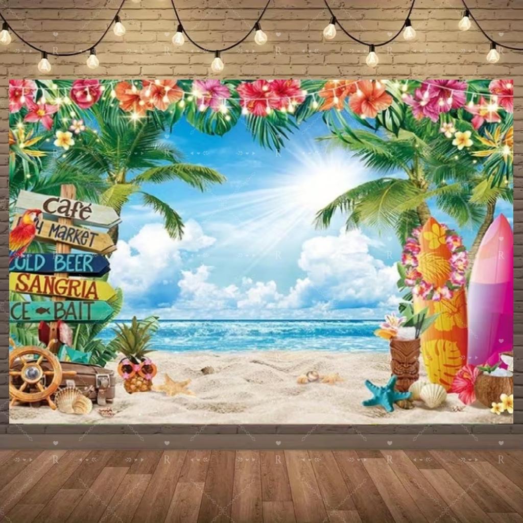 Summer Beach Holiday Party Decoration Backdrop Sunshine Flamingo Ocean Surfboard Portrait Photography Background Props Banner