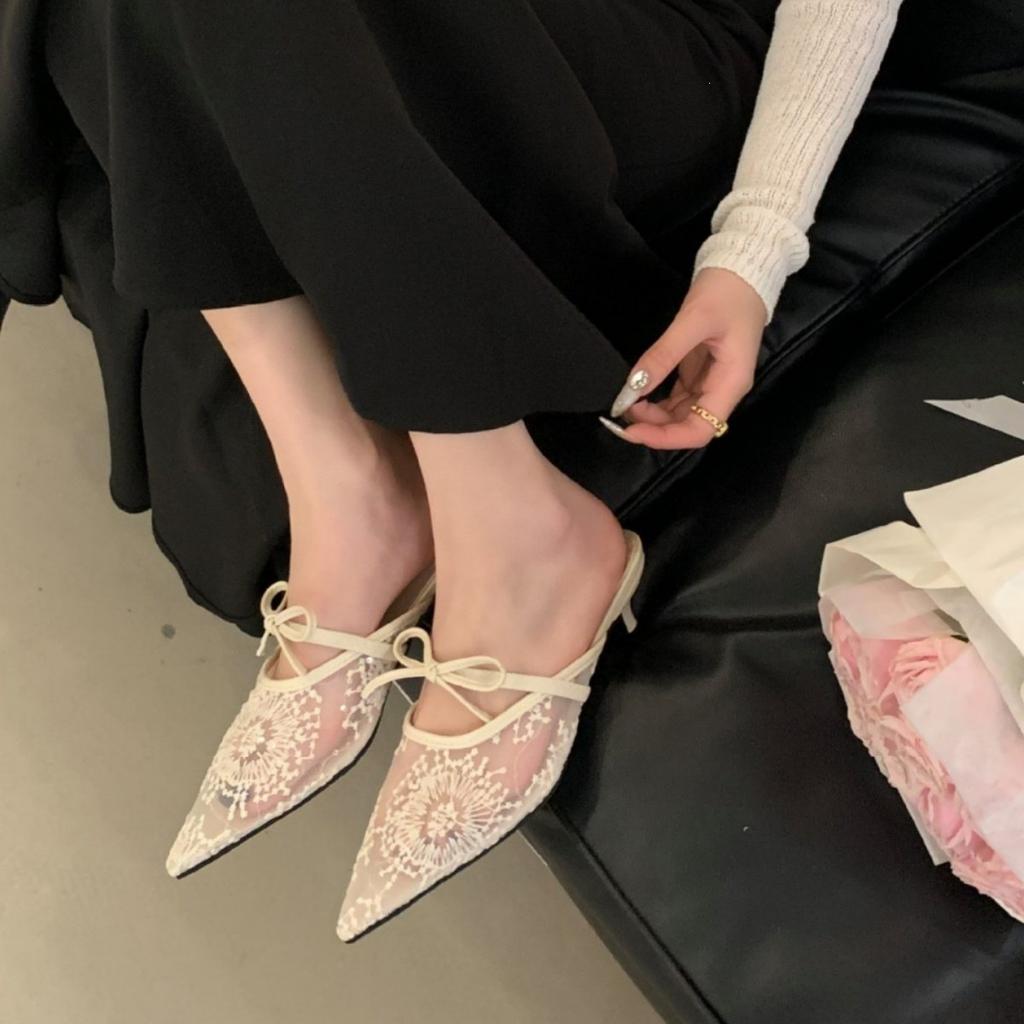 French Fairy Breathable Mesh Lace Bag Head Sandals Female Summer Kitten Heel Empty Single Shoes