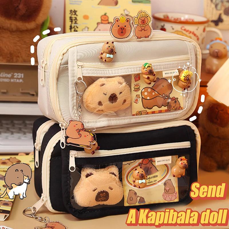 Large Capacity Pencil Bag Capybara Cartoon Stationery Holder Bag With Brooches Stickers Clips Keychains Children Pen Case