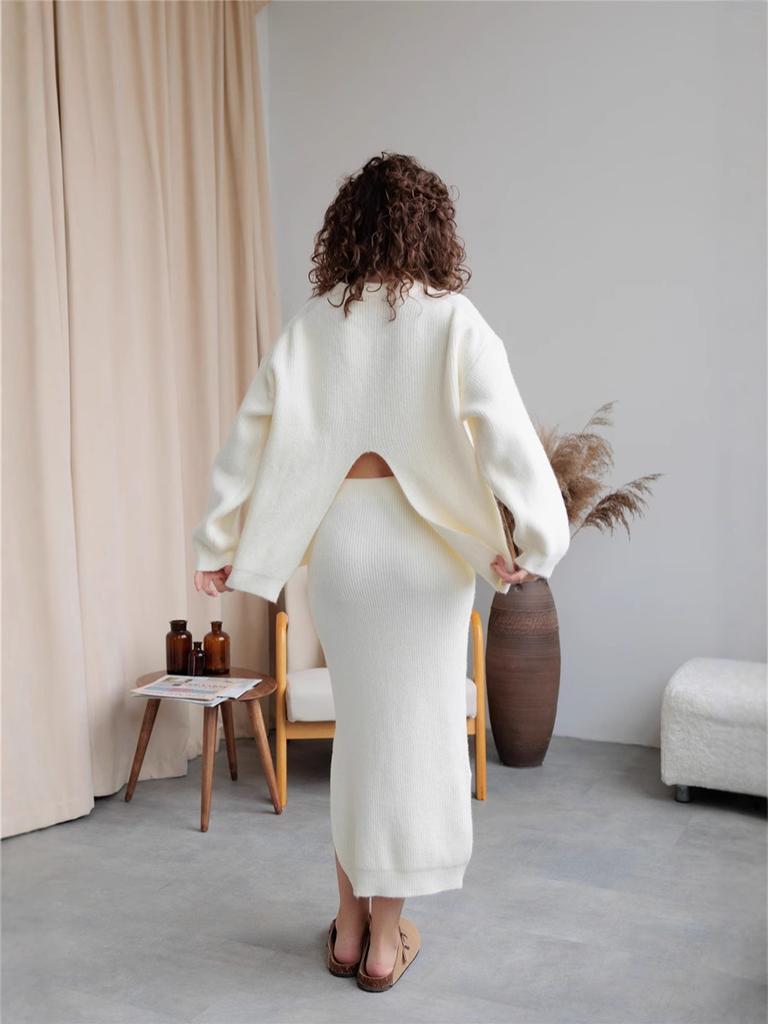 Women's Ribbed Knit Skirt Set Autumn Winter New Elegant Cardigan Sweater + Slit Midi Skirt