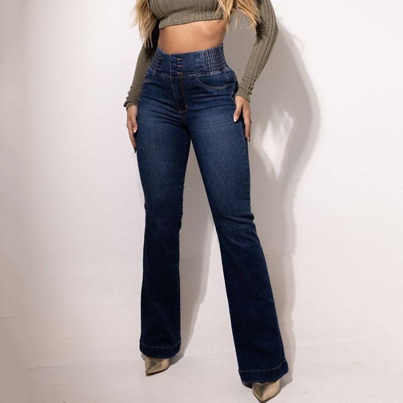 Hohe Elastizität Slim Flared Jeans Damen Casual Street High Waist Denim Hose Frühling Herbst Neue Hose mit weitem Bein