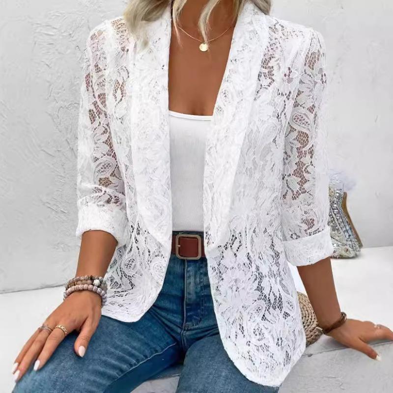 Spring Summer Fashion Lace Women Shirt Jacket Solid Color Loose Elegant Hollow Out Thin See Through Office Blouse Short Coats Female Casual Clothing