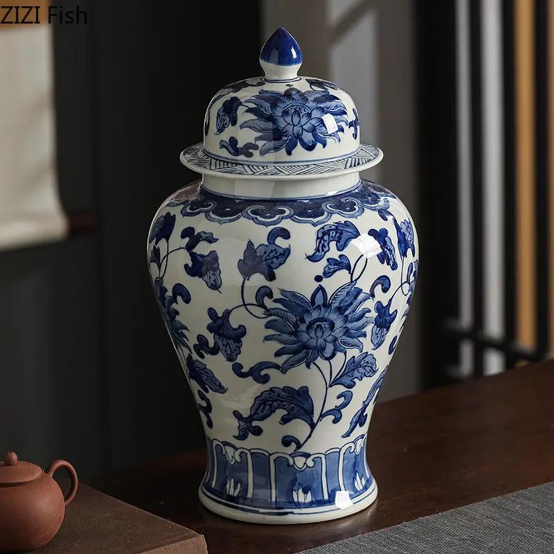 Blue and White Porcelain General Jar Tea Canister Candy Pots Flower and Bird Decorative Ginger Jar Desk Decoration Flower Vase