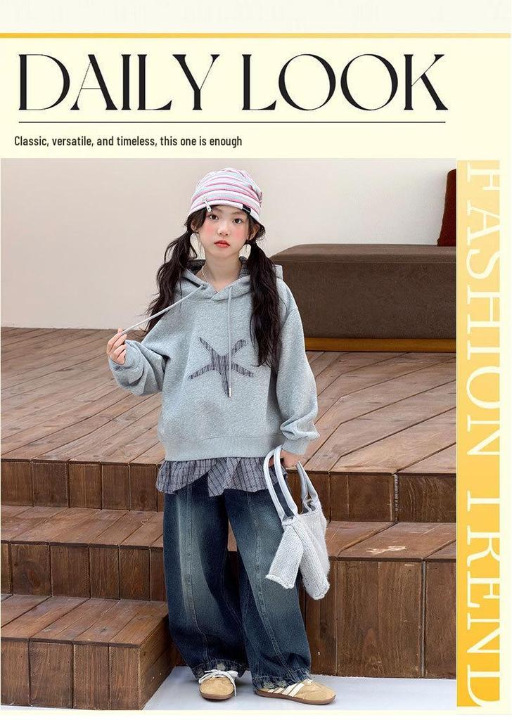 Girls' Plaid Patchwork Hooded Sweatshirt: 2026 Autumn Style for Middle and Older Children - Faux Two-Piece Long-Sleeve Top