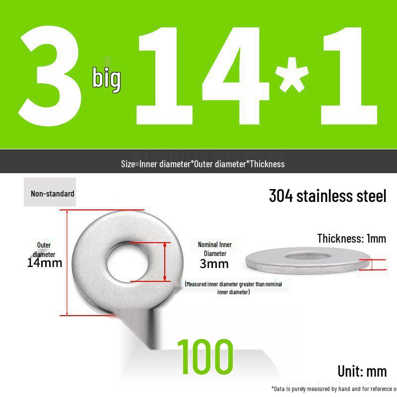 304 Stainless Steel Enlarged Flat Washer Ring (Sizes: M1.6-M22)