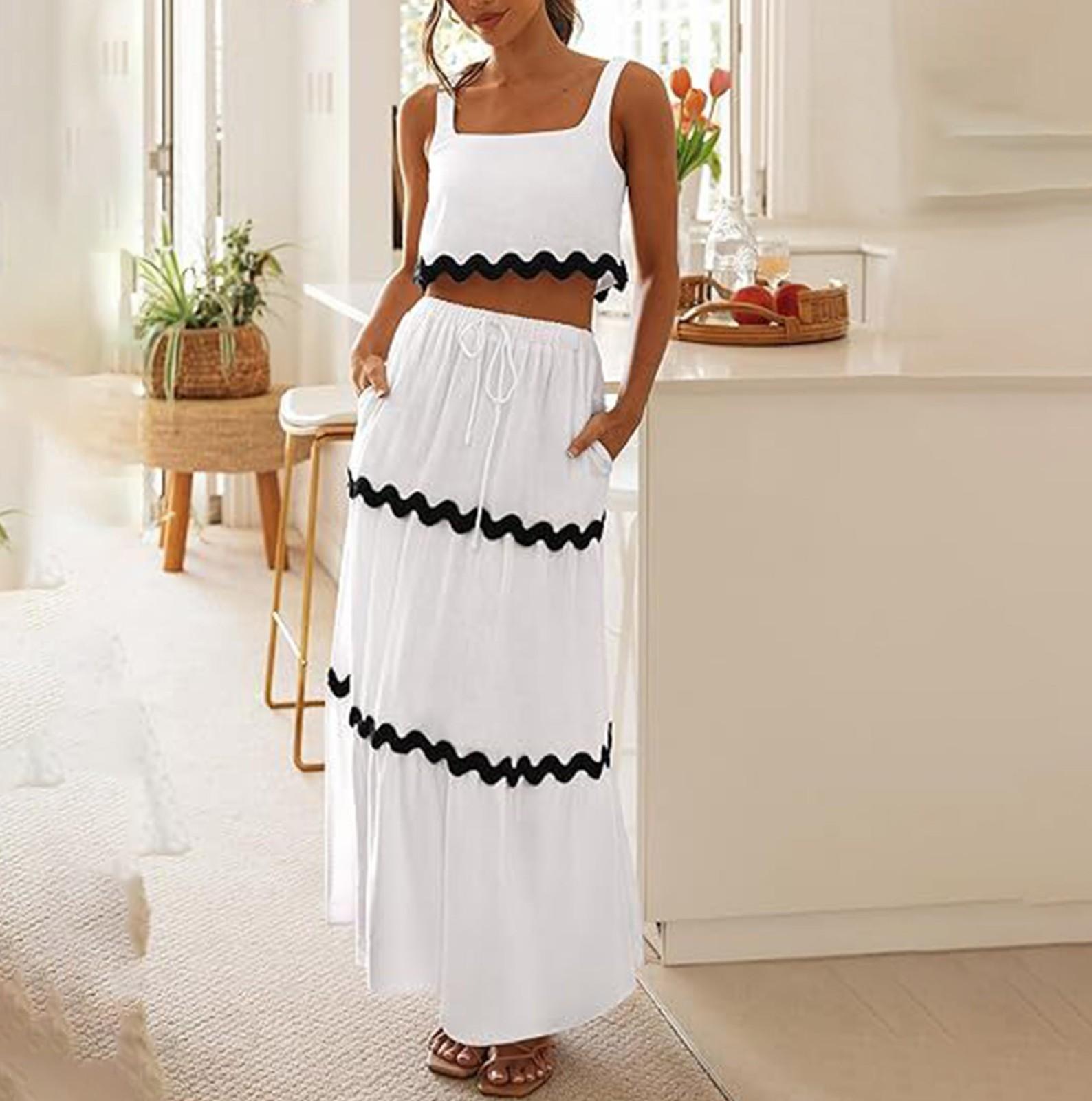 

Повседневный лоскутный контрастный комплект из двух предметов без рукавов для женщин, однотонный комплект с карманами XL белый