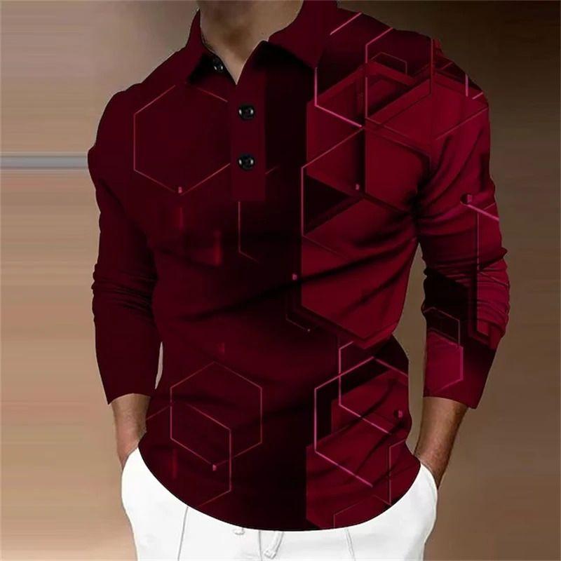 Men's 3D Printed Geometric Hexagonal Pattern Golf Shirt Long Sleeve Polo Shirt Business Casual Formal Button Collar AutumnWinter