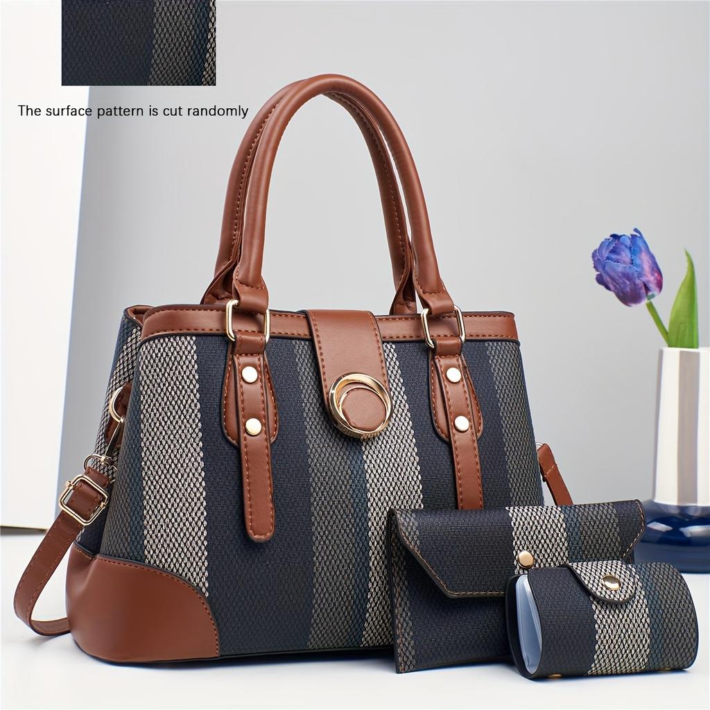 Classic Striped Women's Handbag Set, High-Quality Fashionable Versatile Three-Piece Set