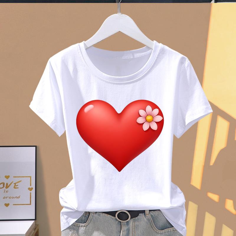 (Asian Size) Graphic Female Top Women's Clothing T O-neck Tee love heart trend Fashion Print Casual Short Sleeve T-shirts