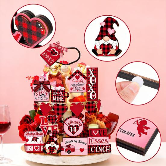 17 Piezas/Set Decoración de Bandeja Escalera para el Día de San Valentín Corazón de Amor Gnomo Letrero de Mesa de Madera Rústico de Granja Adorno de Bandeja Escalera de Escritorio