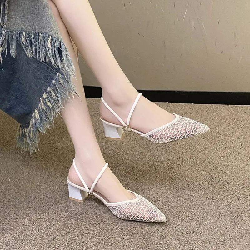 2026 New Sandals for Women Large Size Mid Heels Mesh Breathable Slippers Sexy Pointed Toe Versatile Outwear Solid Color Shoes