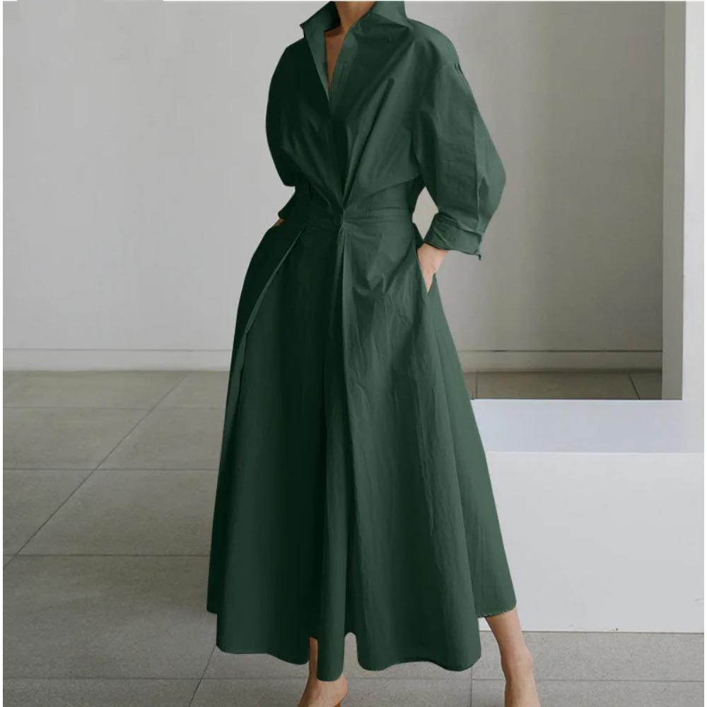 Elegant Women Spring Sundress Lapel Neck Long Sleeve Black Dress Solid Long Shirt Dress OL Vestidos Robe Streetwear