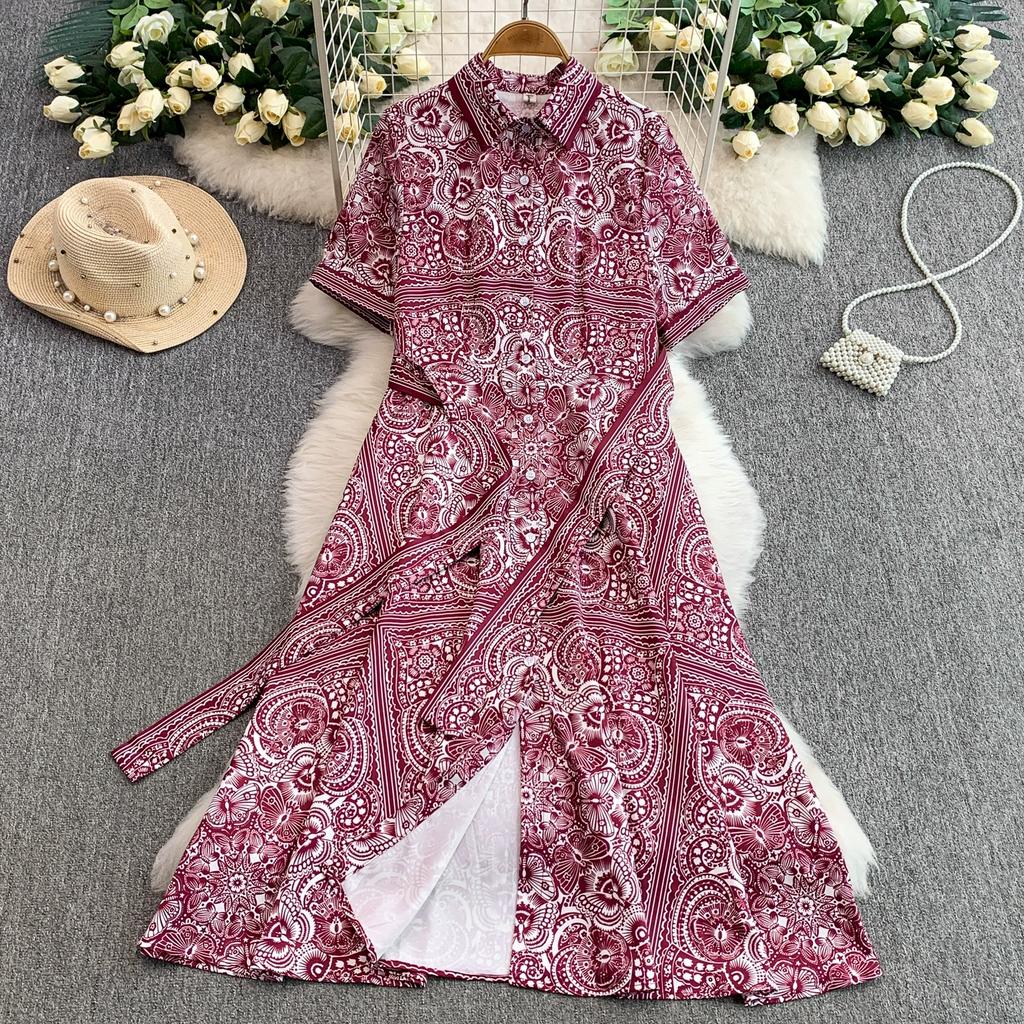 Summer Vintage Designer Print Runway Dress Women Fashion Turn-down Collar Single Breasted Party Shirt Lace-up Dresses