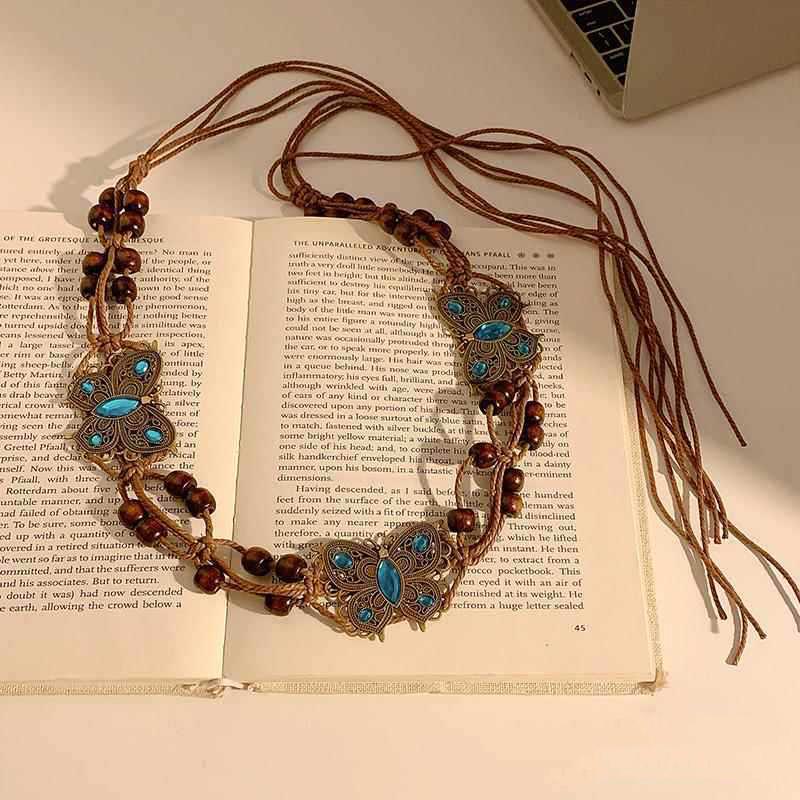 Bohemian Style Butterfly Blue Water Diamond Waist Woven Handmade Wooden Bead Belts Y2K Retro Belt Waist Chain Accessory Skirt