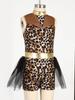 Girls Caveman Cosplay Leopard Pattern Jumpsuit Gloves Mesh Metallic Shiny Patchwork Sleeveless Tutu Skirt