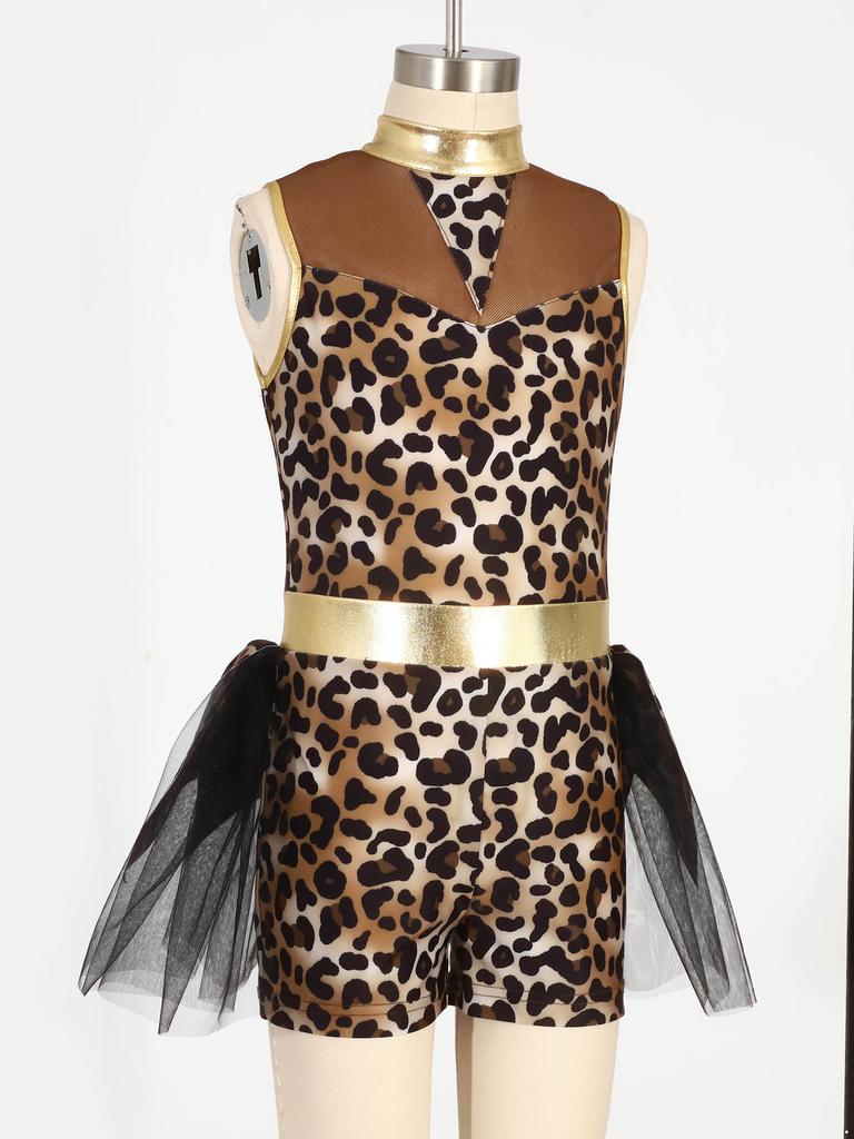 Girls Caveman Cosplay Leopard Pattern Jumpsuit Gloves Mesh Metallic Shiny Patchwork Sleeveless Tutu Skirt