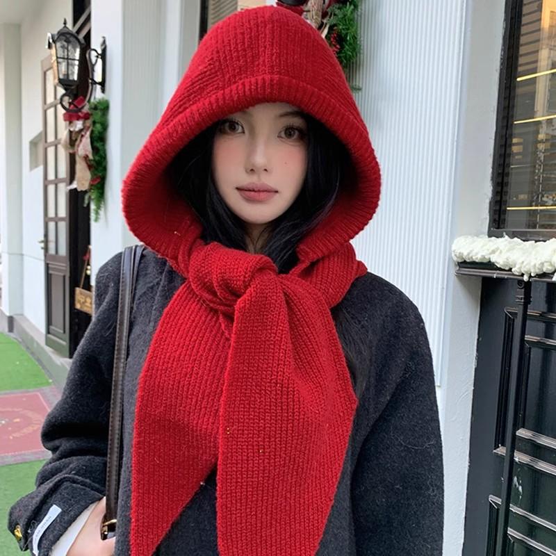 Korean Balaclava Bonnet Beanies Autumn Winter Warm Hat Scarf One-piece Thickened Knitted Hat Neck Protection Winter Accessories