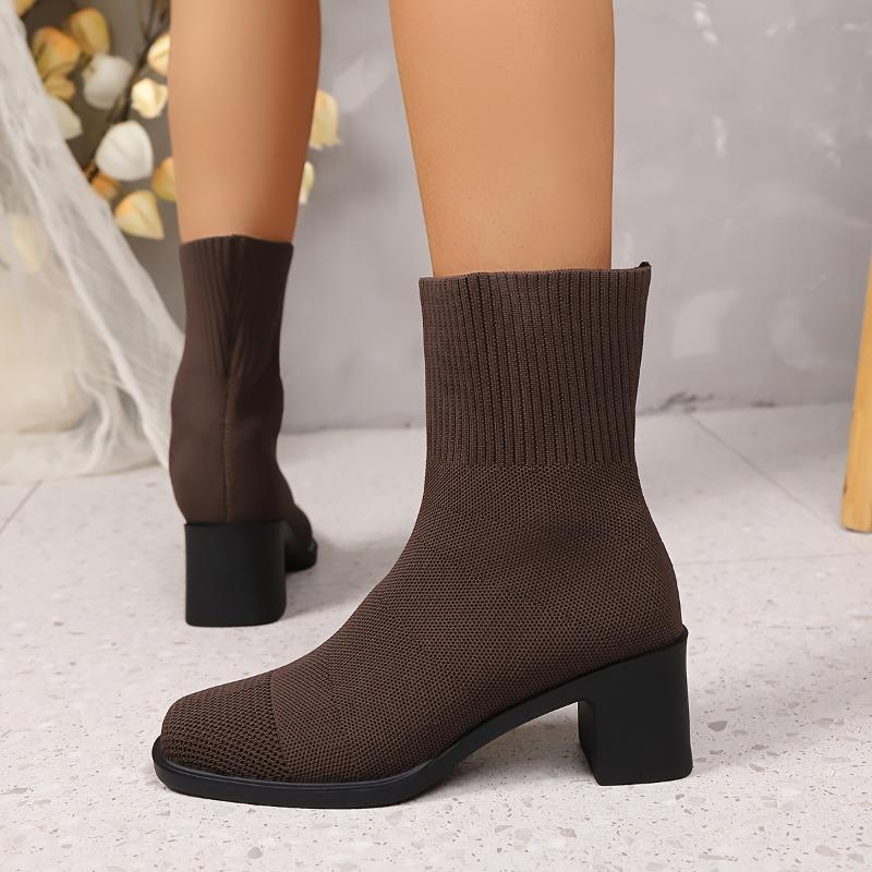 Women's Winter Knit Slip-On Chunky Heel Ankle Boots - Elastic Square Toe Round-to-Point Closure,Soft Fabric Lining & Arch Support