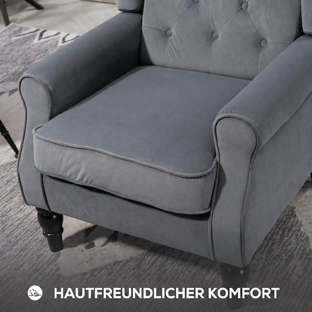 Ohrensessel Sessel, Vintage Design, Knopfheftung, Gedrehte Beine, 74 cm x 86 cm x 102 cm, Grau