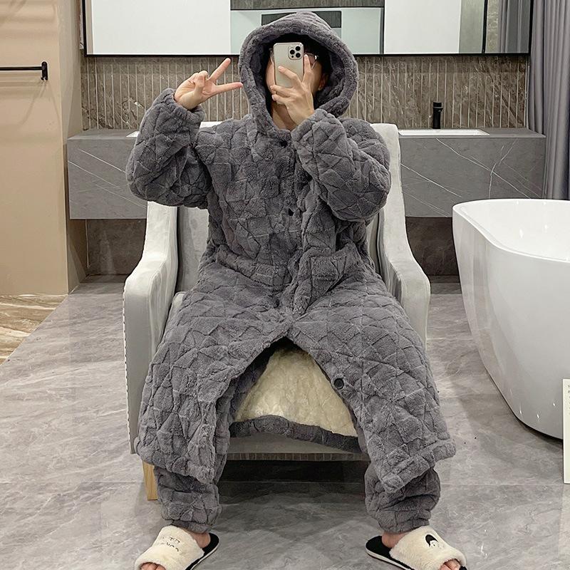 Übergröße, langer Bademantel mit Kapuze, Nachtwäsche, baumwollgepolstertes Flanell-Paar-Pyjama-Set, lockere Winter-Homewear, verdickte warme Nachtwäsche