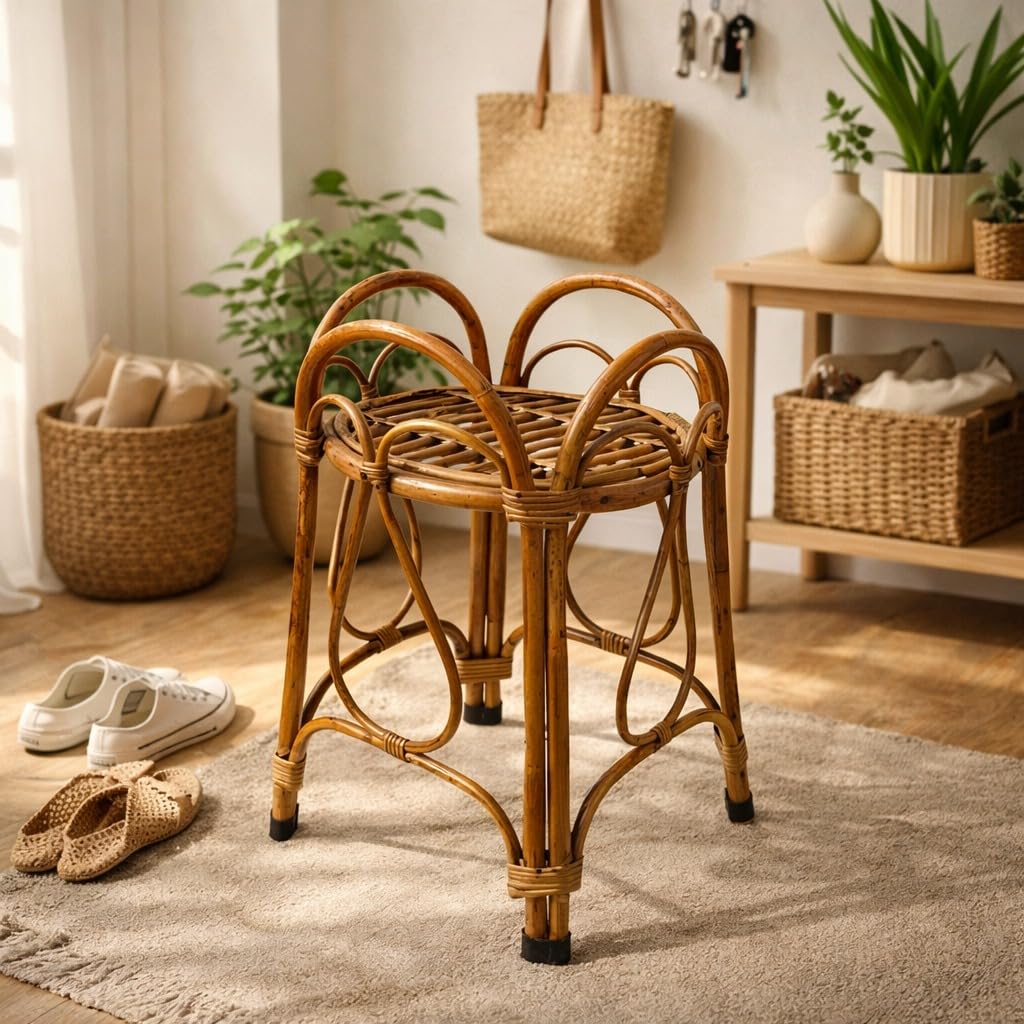 Eco Decx Handcrafted Rattan Plant Stand, Natural Bamboo Flower Pot Holder for Indoor Plants & Living Room Decor, 32 x 32 x 54 cm
