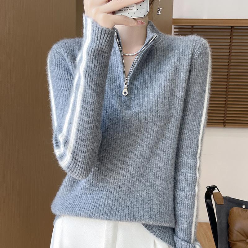 Women's Slimming Cashmere Pullover Sweater with Half-Zip Collar - Versatile Autumn/Winter Knitwear