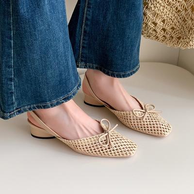 Woven Bow Back Strap Design Sandals Women's Summer New Square Head Shallow Mouth Single Shoe Comfortable Elegant Cool Pumps