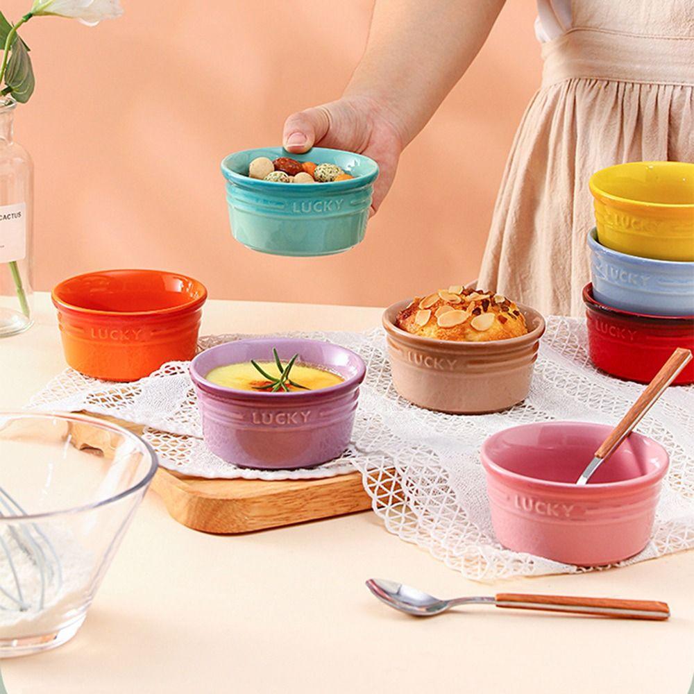 أطباق خبز سيراميك متعددة الألوان آمنة للاستخدام في الفرن قابلة للتكديس مقلاة خبز مقاومة للحرارة أداة بلون متدرج قالب بودينغ منزلي