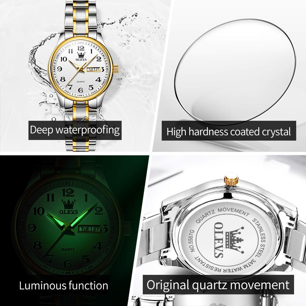 OLEVS 5567 Luxury Women's Quartz Watches Digital Scale Dual Calendar Original Watch for Womean Stainless Steel Ladies Wristwatch
