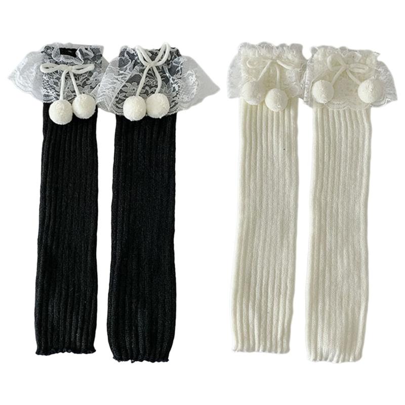 Lolitas Plush Ball Ruffle Frilly Leg Warmers Knitted Leg Sleeves Goth Crochet Ankle Heap Socks JK Uniform Foot Cover
