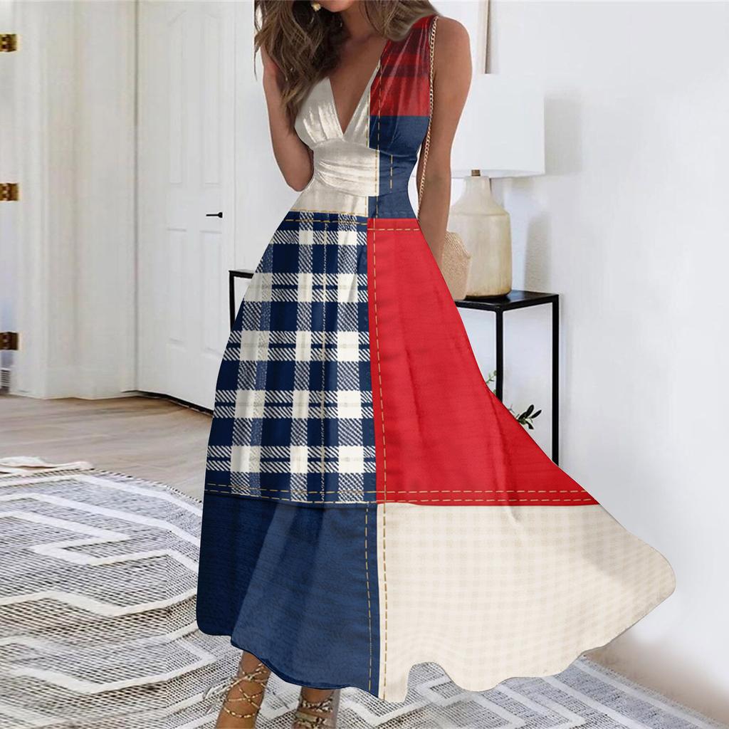 Womens Sleeveless V Neck Wrap Maxi Dress Patriotic Flag Print Floral Swing Summer Sundress Casual High Waist