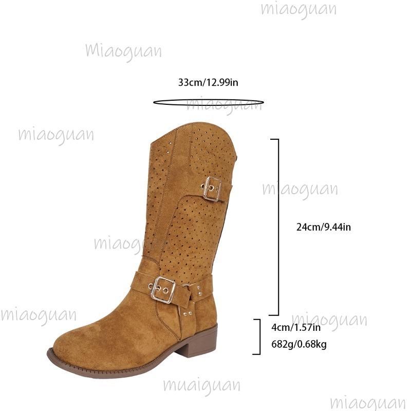 Suede Western Cowboy Boots Women 2025 Autumn Vintage Metal Buckle Black Ankle Boots Woman Thick Heels Side Zip Short Boties 42