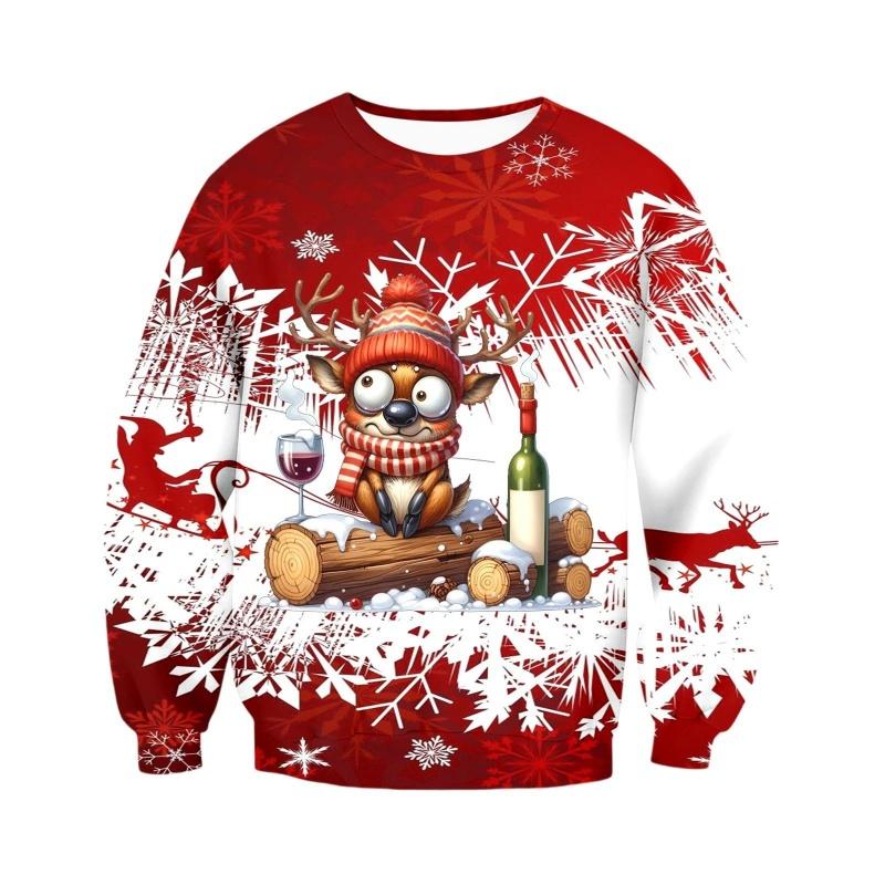 Sweatshirts Motif Rennes de Noël Pour Hommes Femmes Flocon de Neige Vin Impression 3D Pull Hoodies de Festival Manches Longues Col Rond Hauts