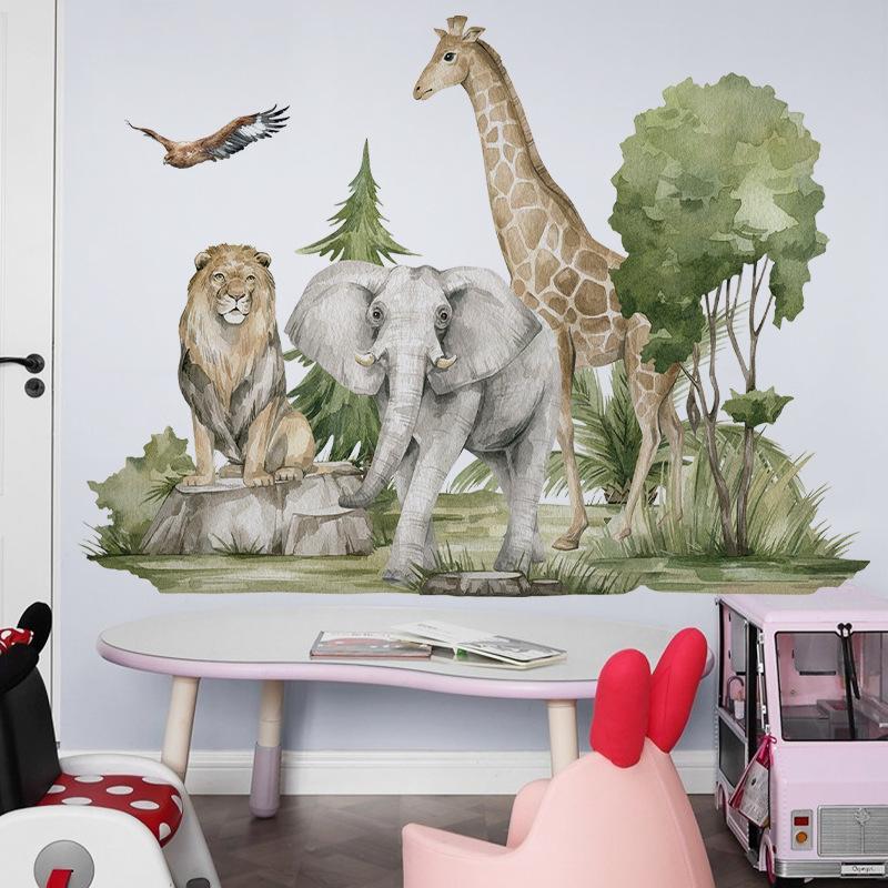 

Наклейки на стены с изображением животных джунглей, детская комната, спальня, стикер на стену с героями мультфильмов, тигр, жираф, слон, лев, палевый, лиса, наклейки, домашний декор as pic